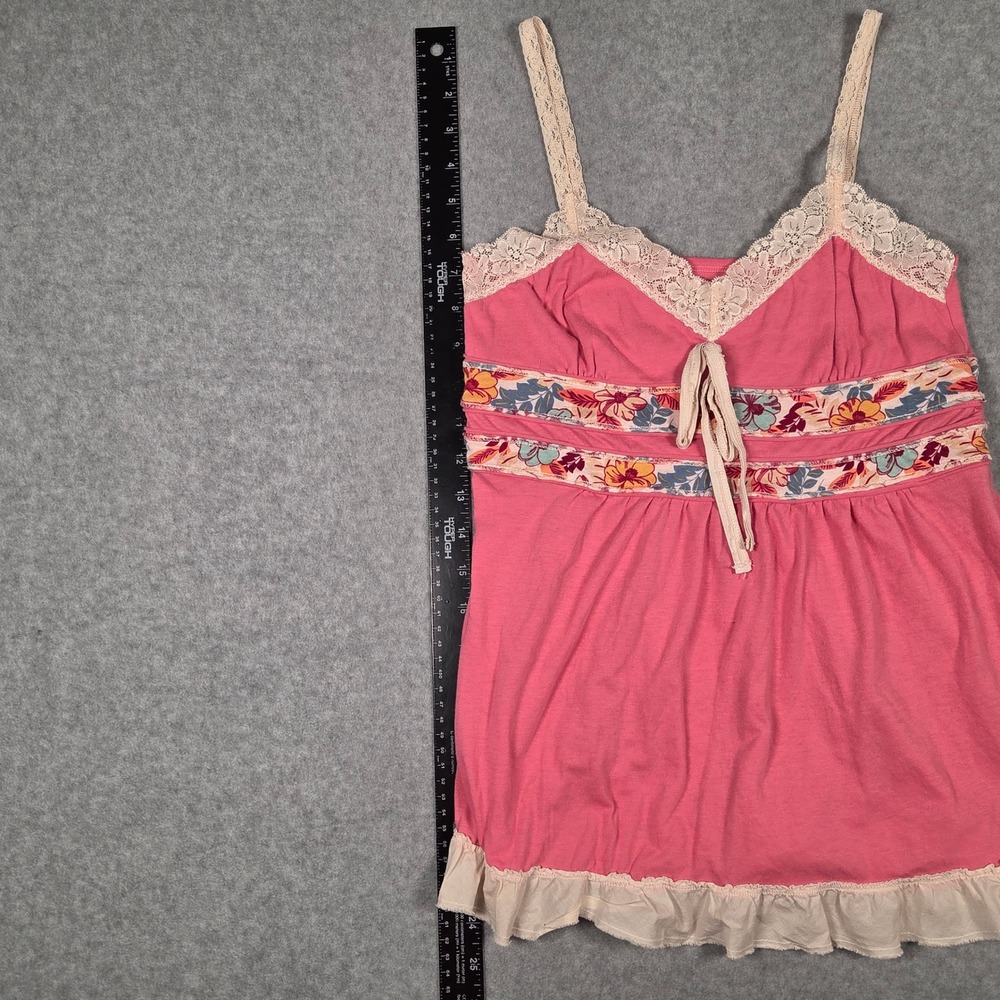 Y2K Hollister Medium Babydoll Cami Top Pink Floral Lace Trim Ruffle Coquette VTG - Picture 7 of 7